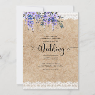Wisteria Purple Flowers Wedding Rustic Lace Look Invitation