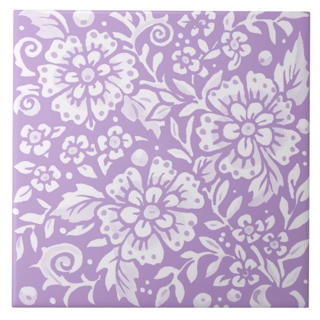 Wisteria Purple Large Flower Leafy Woodland Floral Tile (Front)
