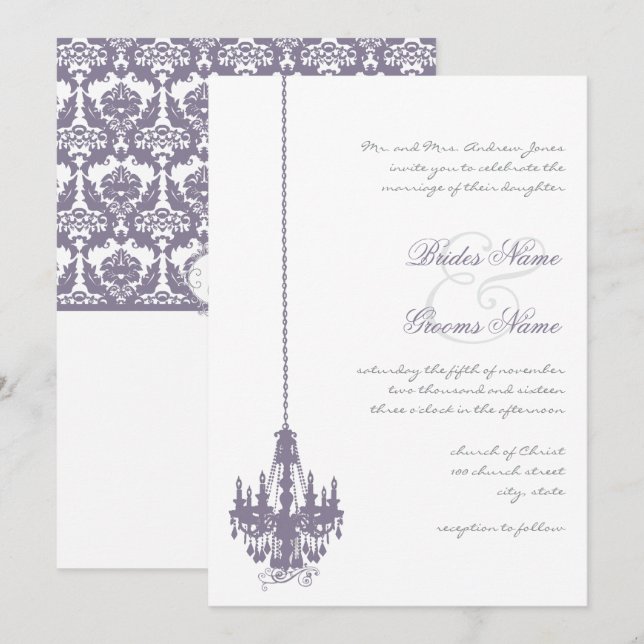 Wisteria Purple Vintage Chandelier Damask Wedding Invitation (Front/Back)