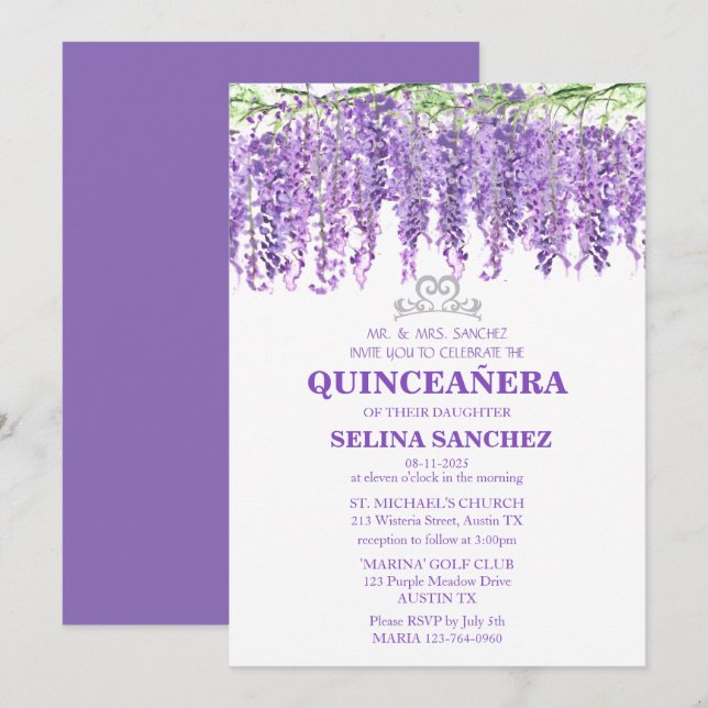 Wisteria Quinceanera Purple Floral 15th Birthday Invitation (Front/Back)