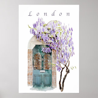 Wisteria season in London green door watercolour  Poster
