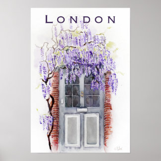 Wisteria season in London grey door watercolour Poster