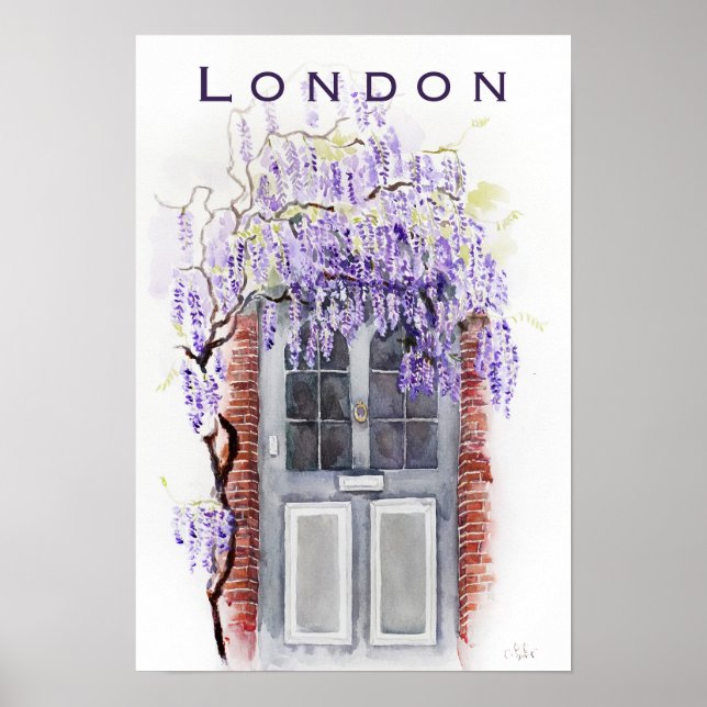 Wisteria season in London grey door watercolour  Poster (Front)