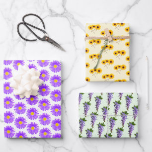 Wisteria, Sunflower, Purple Wildflower Pattern Wrapping Paper Sheet