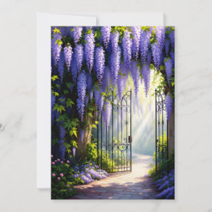 Wisteria vine on nostalgic, victorian garden gate invitation