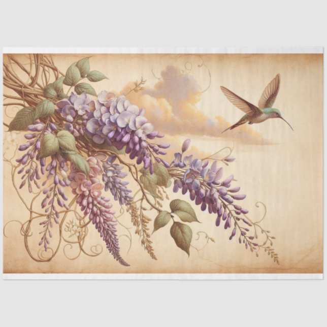 Wisteria Vine Purple Flowers Hummingbird Decoupage Tissue Paper (Front)
