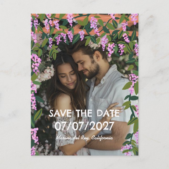 Wisteria Vines Floral Custom Photo Wedding  Announcement Postcard (Front)