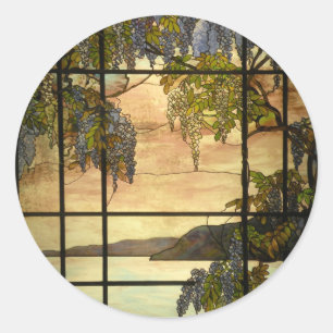 Wisteria vines in stained glass classic round sticker