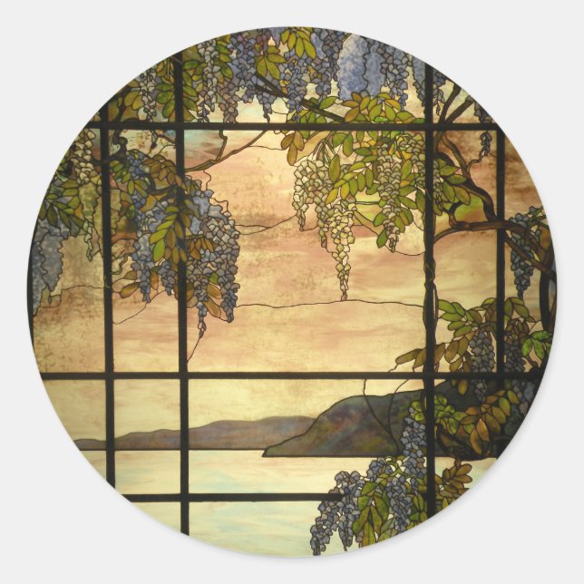 Wisteria vines in stained glass classic round sticker (Front)
