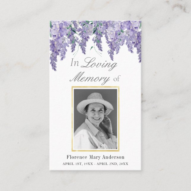 Wisteria Watercolor Sympathy Memorial Photo Card (Front)