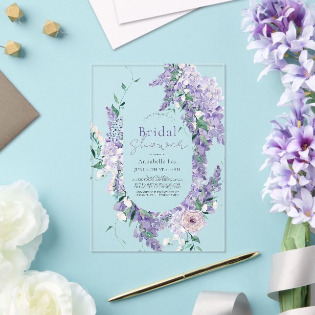 Wisteria Wreath Purple Watercolor Bridal Shower Acrylic Invitations (Insitu (Wedding))
