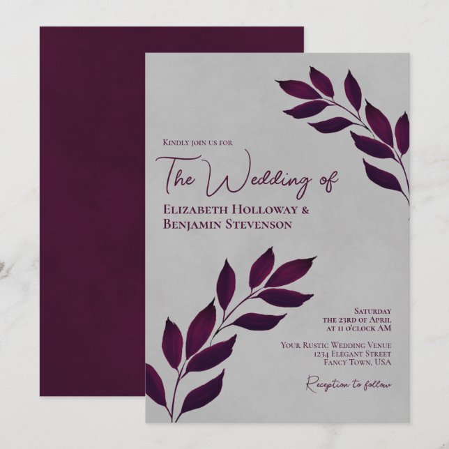 Wistful Cassis Purple Leaves Elegant Grey Wedding Invitation (Front/Back)