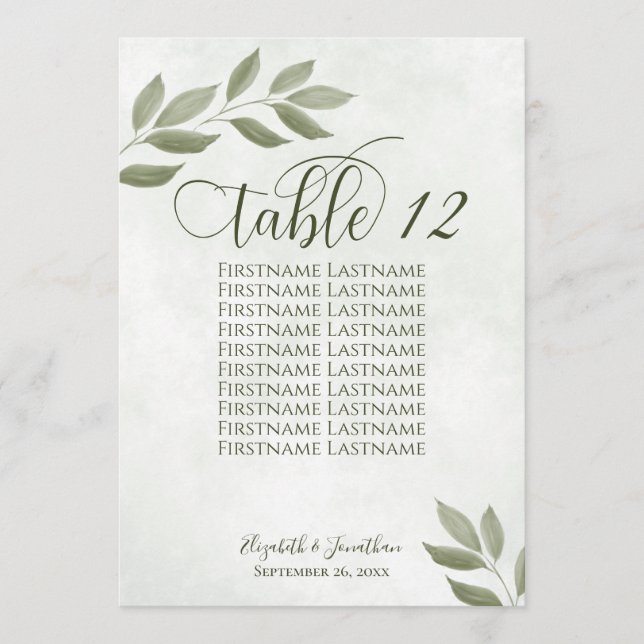 Wistful Green Leaves Wedding Seating Chart Card (Front)