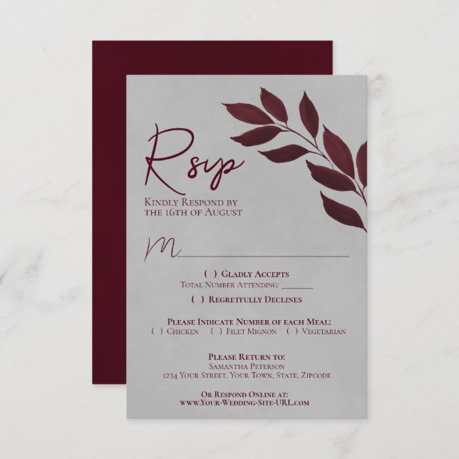Wistful Leaves Burgundy & Grey Watercolor Wedding RSVP Card (Front/Back)
