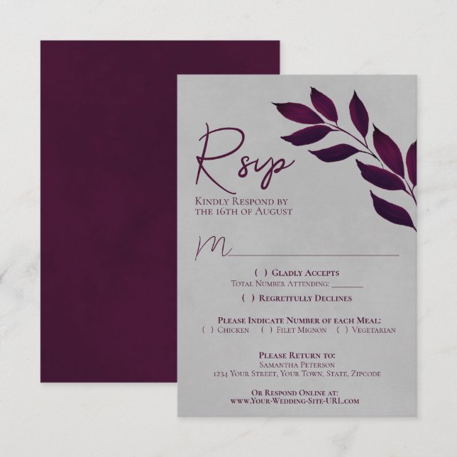 Wistful Leaves Cassis Purple & Grey Wedding RSVP Card (Front/Back)