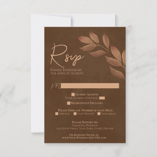Wistful Leaves Chestnut Brown Watercolor Wedding RSVP Card (Front)