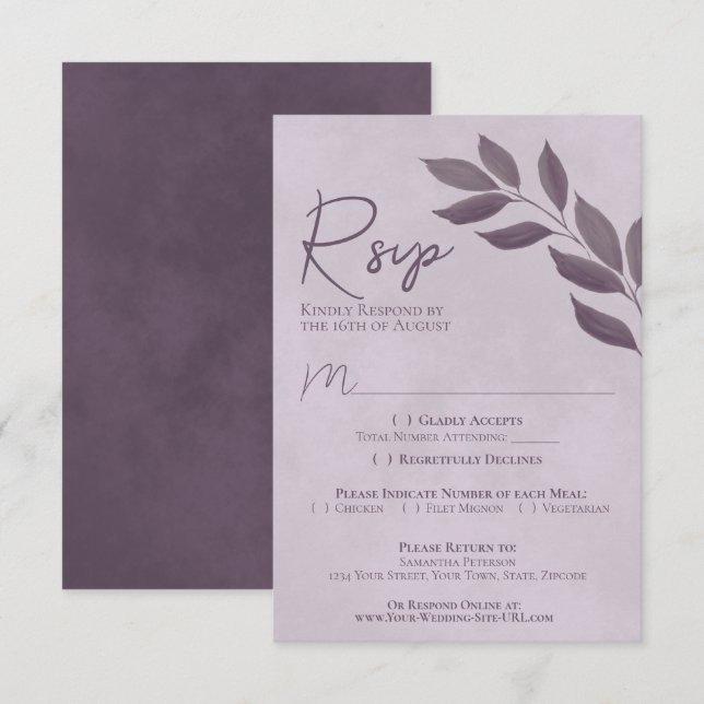Wistful Leaves Dusty Purple Modern Chic Wedding RSVP Card (Front/Back)