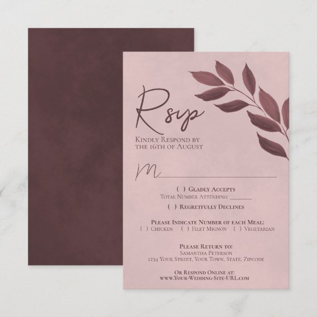 Wistful Leaves Dusty Rose Modern Chic Wedding RSVP Card (Front/Back)