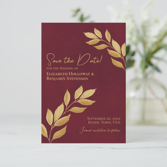Wistful Leaves Elegant Burgundy and Gold Wedding Save The Date (Standing Front)