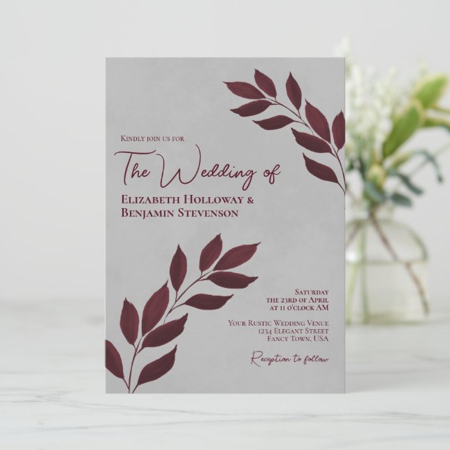 Wistful Leaves Elegant Burgundy & Grey Wedding Invitation (Standing Front)