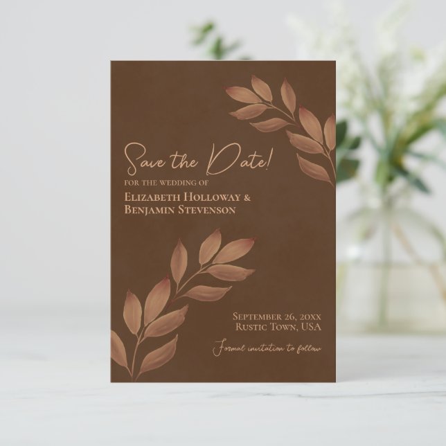 Wistful Leaves Elegant Chestnut Brown Wedding Save The Date (Standing Front)
