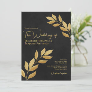 Wistful Leaves Elegant Chic Black & Gold Wedding Invitation