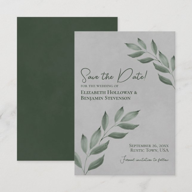 Wistful Leaves Elegant Forest Green & Grey Wedding Save The Date (Front/Back)