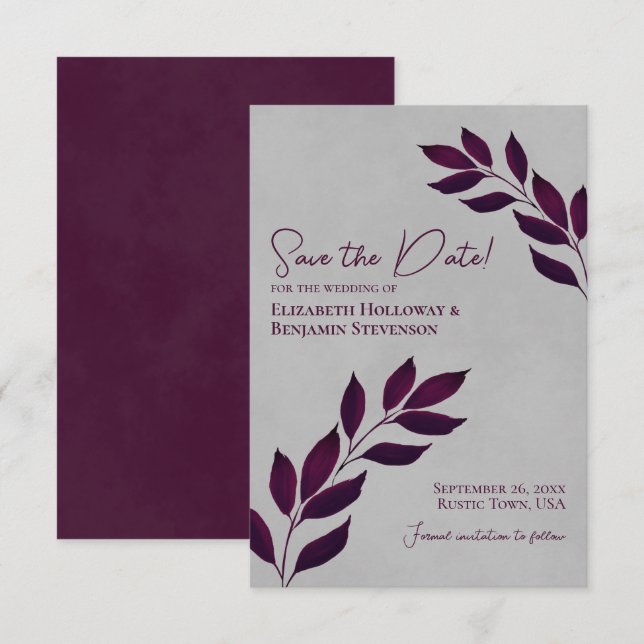 Wistful Leaves Elegant Magenta on Grey Wedding Save The Date (Front/Back)