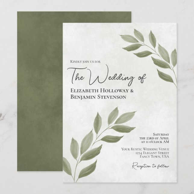 Wistful Leaves Elegant Modern Sage Green Wedding Invitation (Front/Back)
