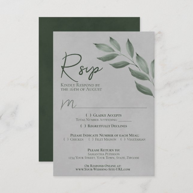 Wistful Leaves Forest Green & Gray Chic Wedding RSVP Card (Front/Back)