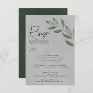 Wistful Leaves Forest Green & Grey Chic Wedding RSVP Card