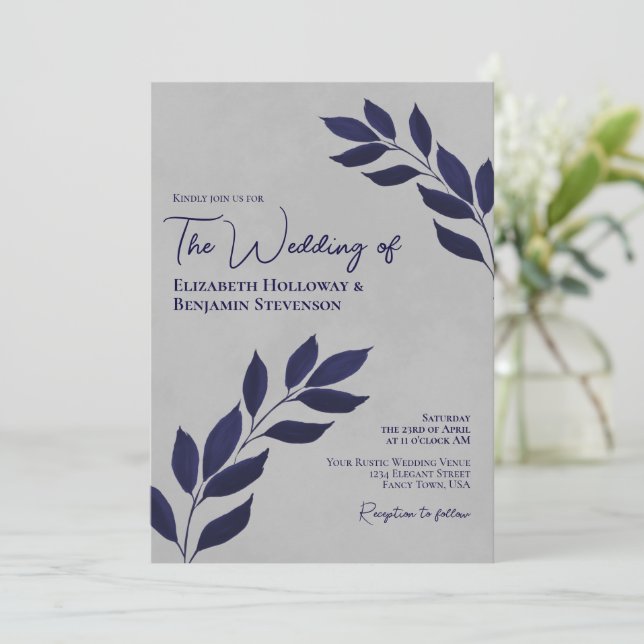 Wistful Leaves Modern Elegant Navy & Gray Wedding Invitation (Standing Front)