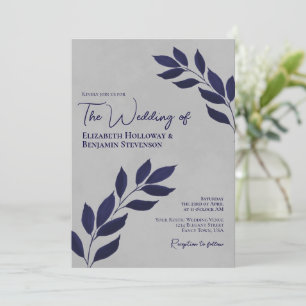 Wistful Leaves Modern Elegant Navy & Grey Wedding Invitation