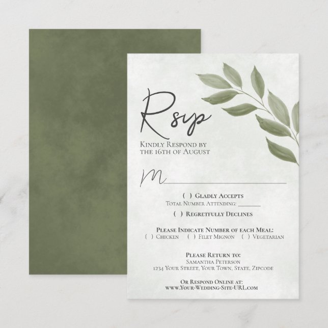 Wistful Leaves Sage Green Modern Chic Wedding RSVP Card (Front/Back)