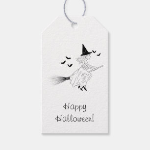 Witch And Bats Line Art Simple Happy Halloween Gift Tags