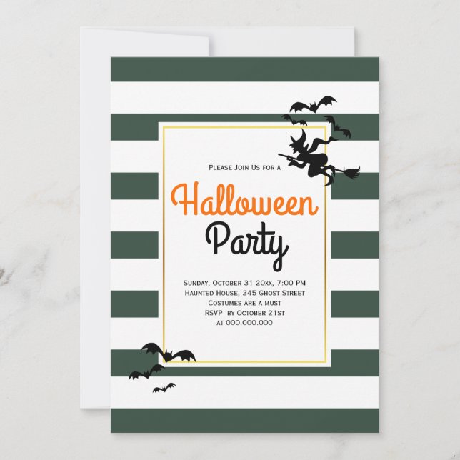 Witch and bats stripes grey Halloween party Invitation (Front)