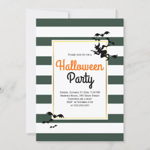Witch and bats stripes grey Halloween party Invitation