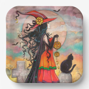 Witch and Black Cat Art by Molly Harrison Paper Plate
