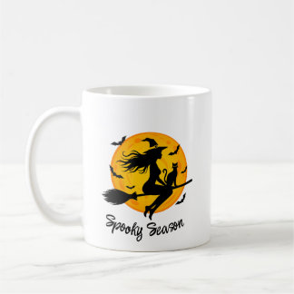 Witch and Black Cat Flying Across Full Moon Coffee Mug