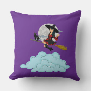 Witch and black cat flying on broom cushion