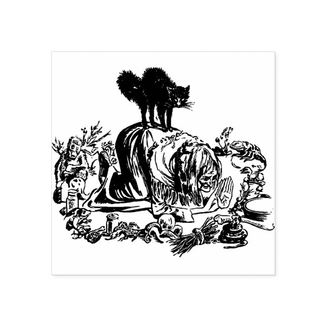 Witch and Black Cat Halloween Rubber Stamp (Imprint)
