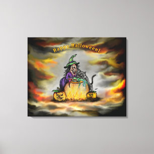 Witch and black Cat, Happy Halloween! Canvas Print