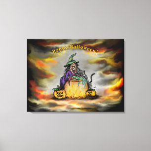 Witch and black Cat, Happy Halloween! Canvas Print