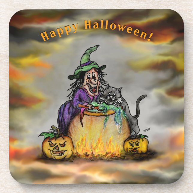 Witch and black Cat, Happy Halloween! Coaster (Front)
