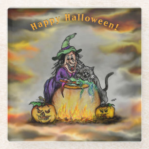 Witch and black Cat, Happy Halloween! Glass Coaster