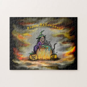 Witch and black Cat, Happy Halloween! Jigsaw Puzzle