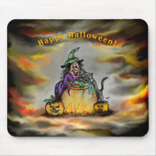 Witch and black Cat, Happy Halloween! Mouse Mat