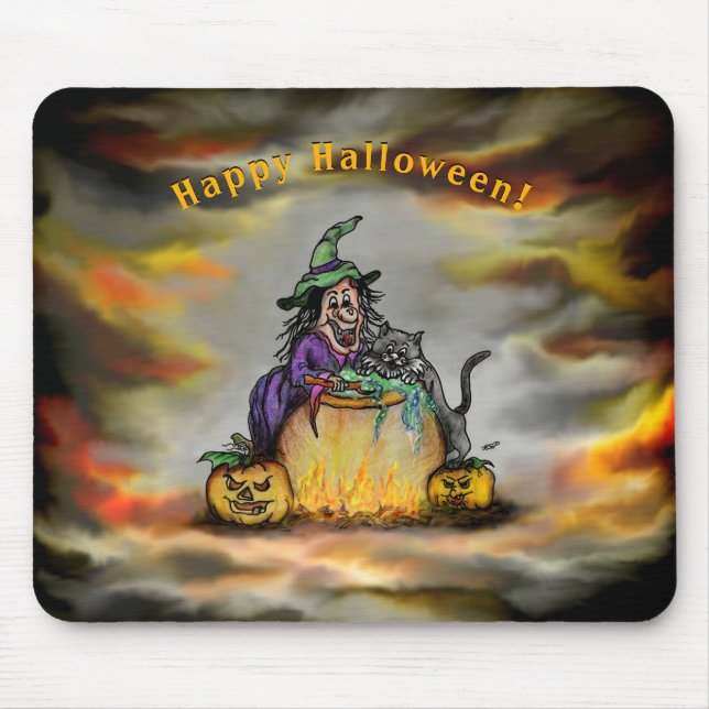 Witch and black Cat, Happy Halloween! Mouse Mat (Front)