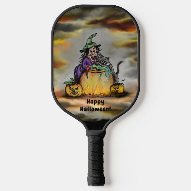 Witch and black Cat, Happy Halloween! Pickleball Paddle (Front)