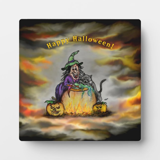 Witch and black Cat, Happy Halloween! Plaque (Front)